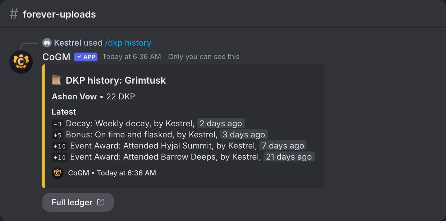 A member's recent DKP changes from /dkp history, each with its amount and reason.