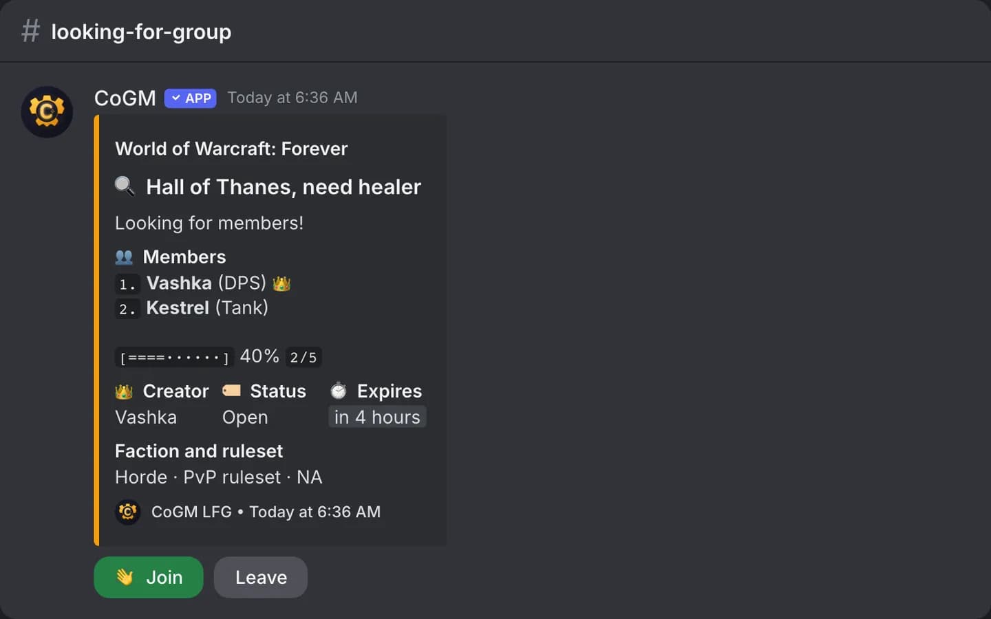 A WoW Forever group post for Hall of Thanes: two of five members, the creator, an Open status, expiry in 4 hours, Horde on the PvP ruleset in NA, and Join and Leave buttons.