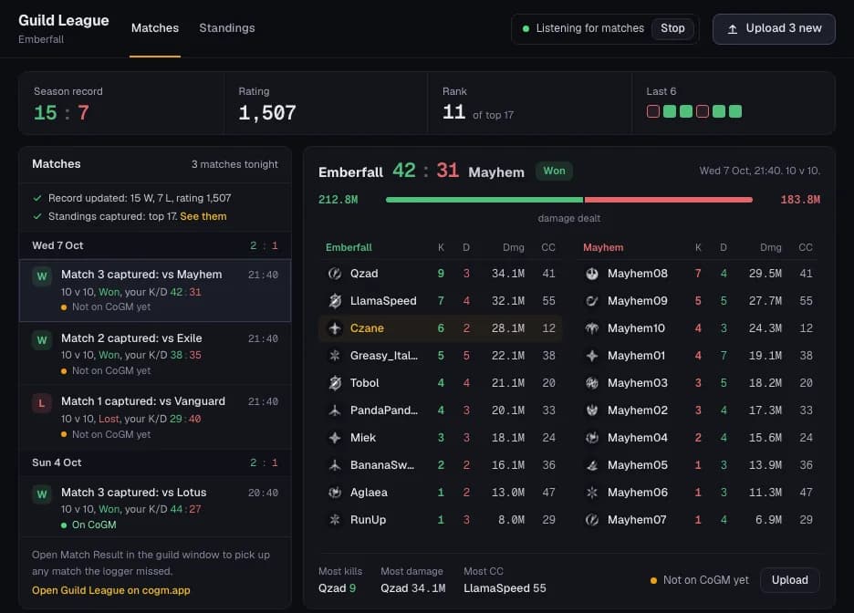 Guild League while it listens: the season record, rating and rank, tonight's matches on the left, and one match with both teams' kills, deaths, damage and CC.