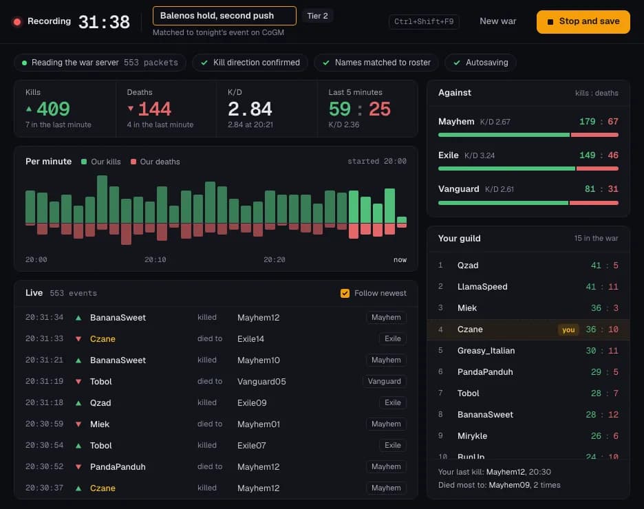 Record during a war: the timer, a typed title, Stop and save, kills and deaths, a chart per minute, the live kill feed, the enemy guilds and your guild's players.
