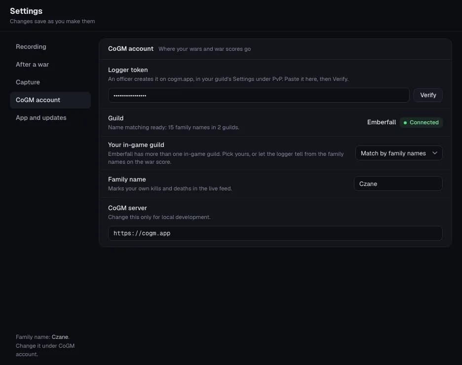 The logger's Settings, CoGM account: the Logger token field with Verify, the guild marked Connected, Your in-game guild, Family name and the CoGM server.
