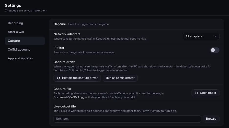 Settings, Capture: Network adapters set to All adapters, IP filter, Restart the capture driver, Run as administrator, the capture file and the live output file.