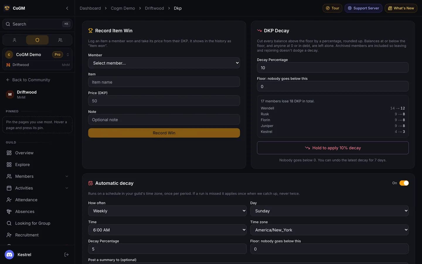 The Actions tab for a Monsters & Memories guild: Record Item Win, DKP Decay with a preview of who loses what and a hold-to-apply button, and the Automatic decay schedule below.