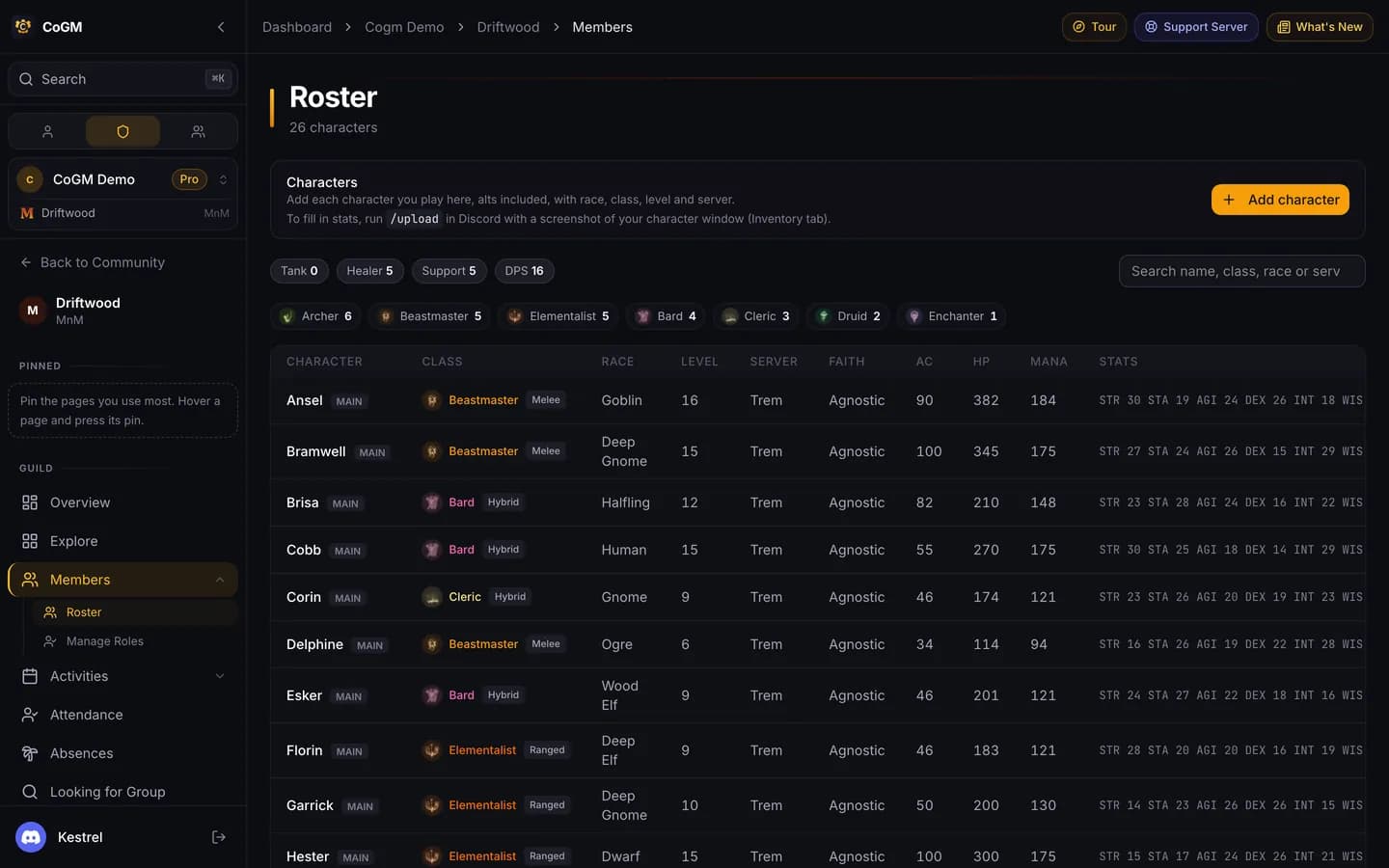 The Monsters & Memories roster with every member's class, role and latest upload.