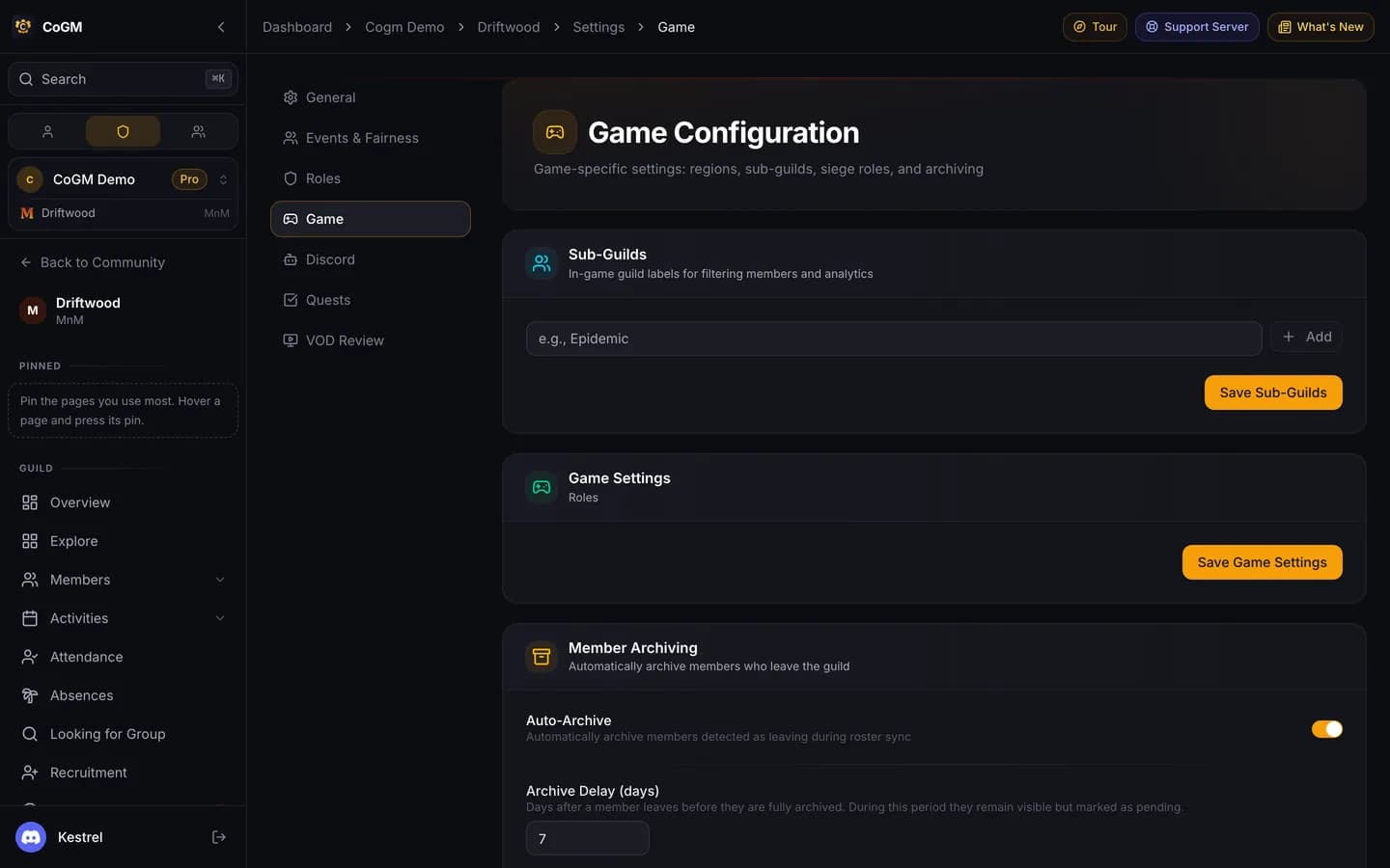 The Game Configuration page for a Monsters & Memories guild, with Sub-Guilds, Game Settings and Member Archiving set to 7 days.
