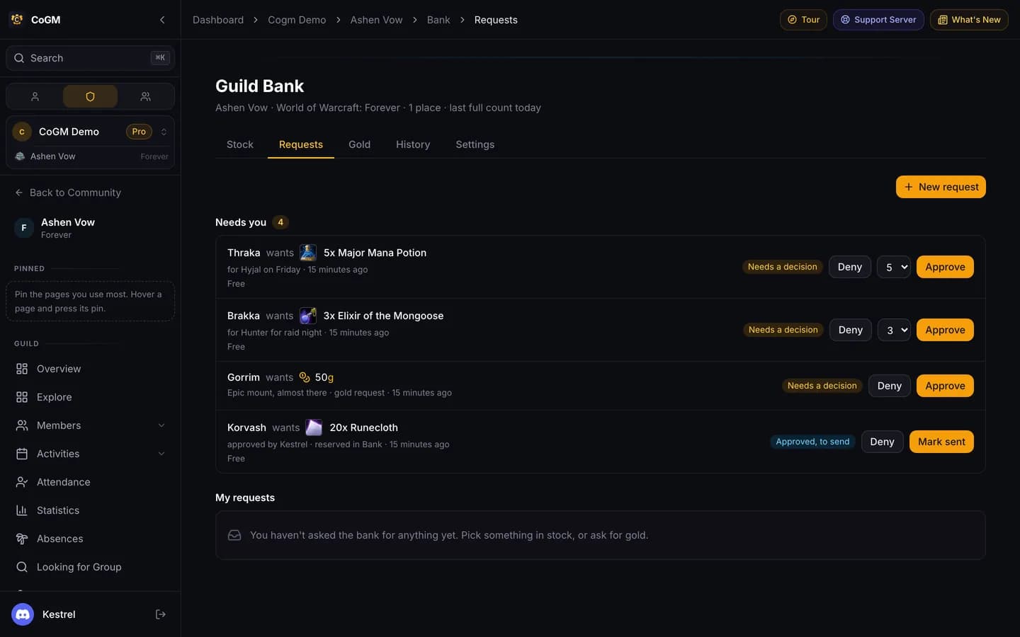 Member requests for WoW Forever Guild Bank items, waiting for an officer