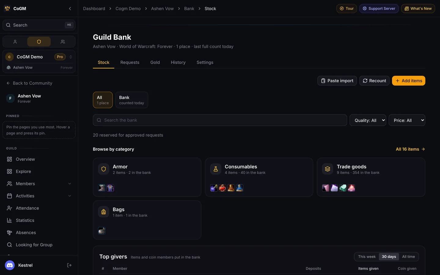 The WoW Forever Guild Bank stock page with items grouped by category