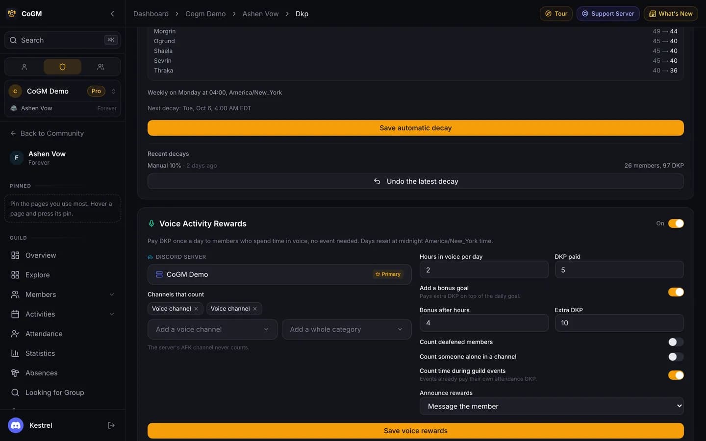 The Voice Activity Rewards settings for a WoW Forever guild: the channels that count, hours in voice per day, DKP paid, a bonus goal, the switches for deafened, alone and event time, and how rewards are announced.