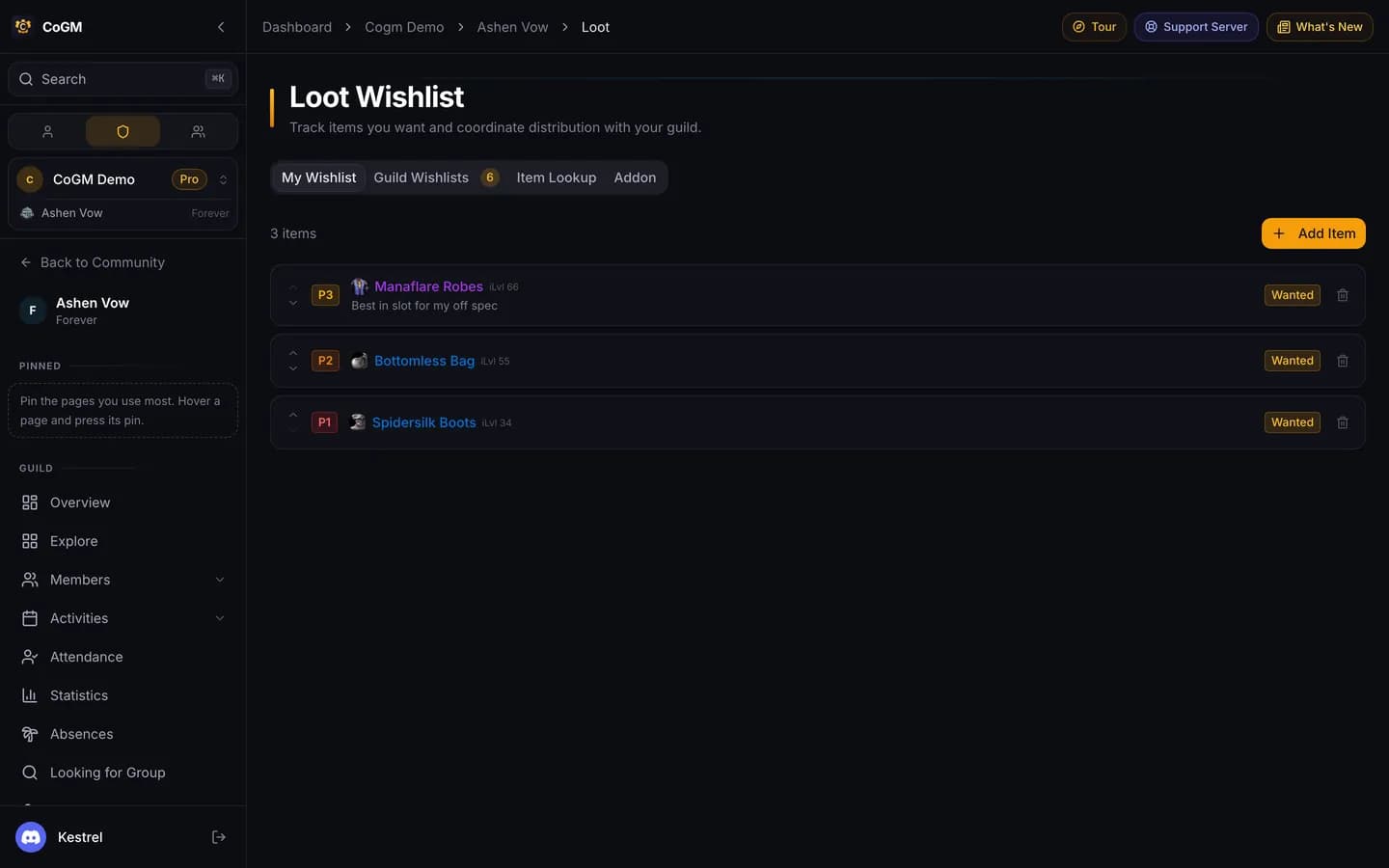 The WoW Forever wishlists page