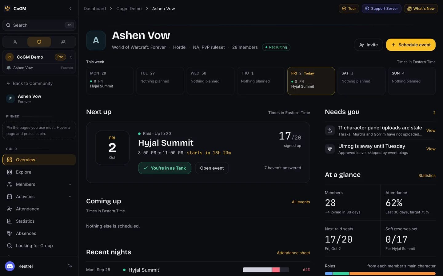 The WoW Forever guild overview for Ashen Vow with its members, upcoming events and recent uploads.