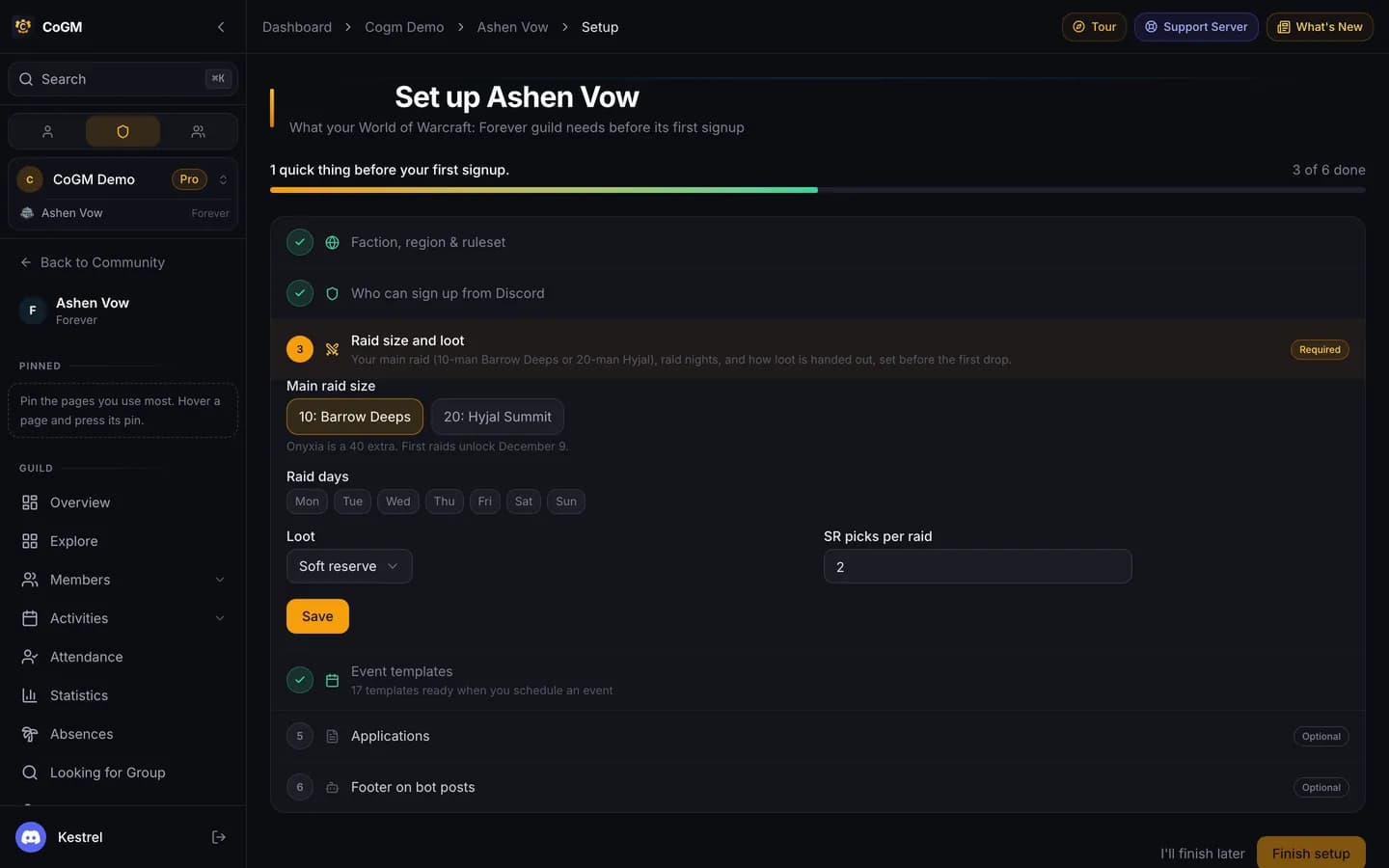The WoW Forever setup page for the Ashen Vow guild: the Raid size and loot row open with 10: Barrow Deeps picked, the raid day buttons, Soft reserve as the loot rule and 2 soft reserve picks per raid.