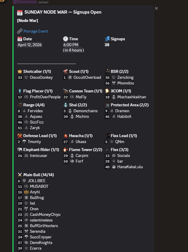 Discord embed showing a node war signup with shotcaller, scout, BSR, flag placer, cannon team, range, shai, hwacha, and main ball role slots filled with member names
