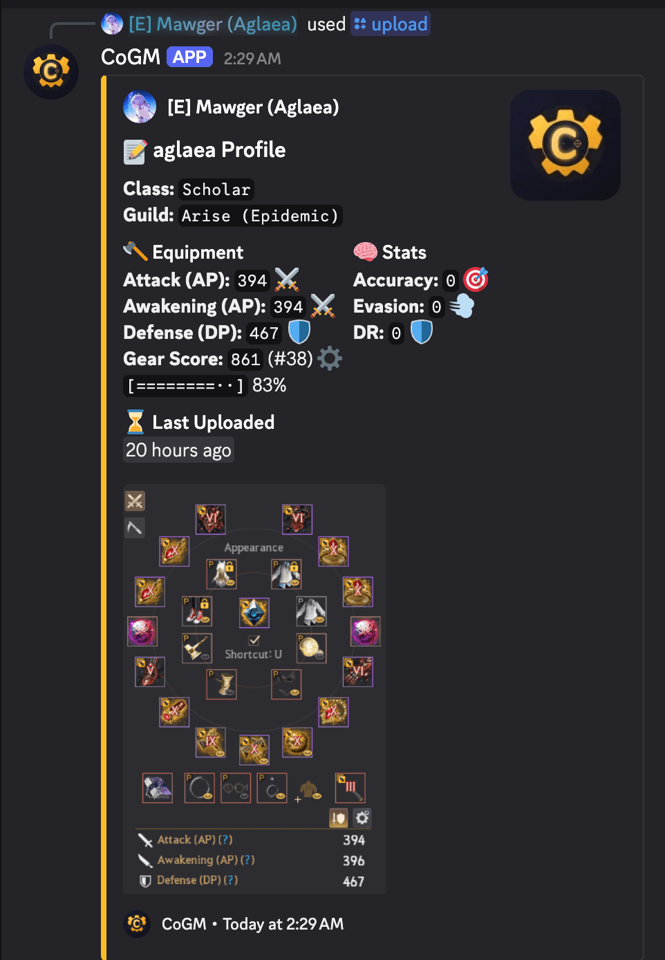 Discord embed showing a parsed BDO gear profile with class, guild, attack, awakening, defense, gear score, accuracy, evasion, DR, and the source gear screenshot inline