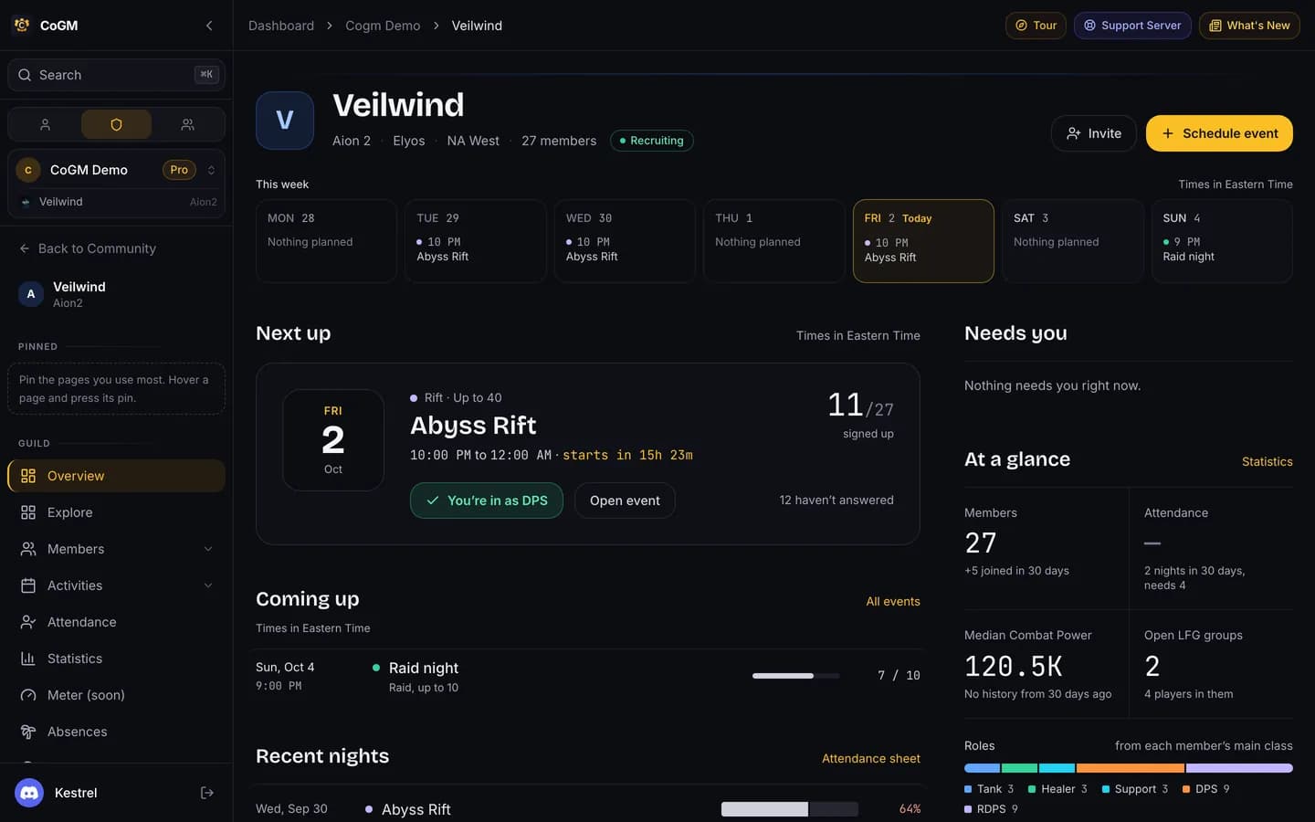 The Aion 2 guild's home page with its members, events and recent uploads