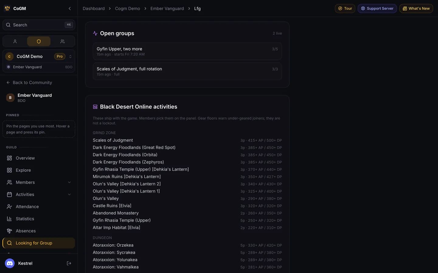 Open and filled Black Desert Online groups on the dashboard