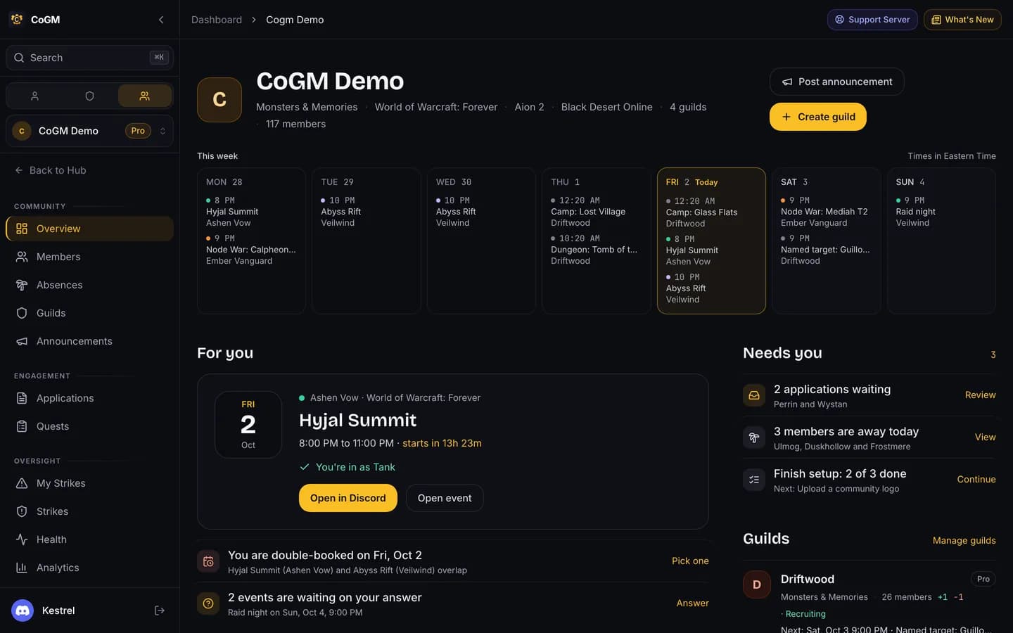 The community home page with each guild, upcoming events and recent activity