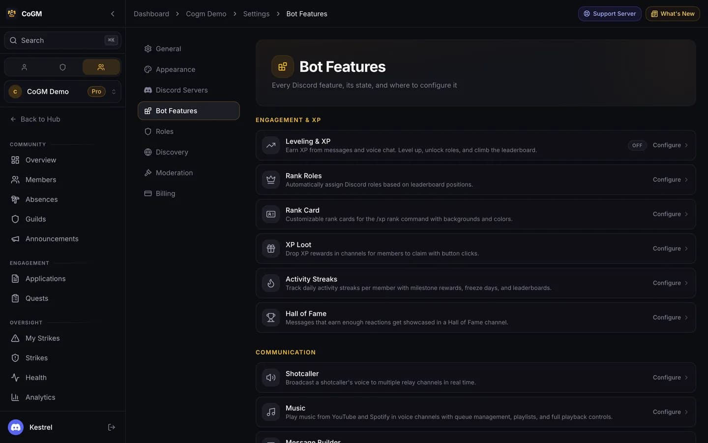 The bot features hub where each Discord feature is turned on or off