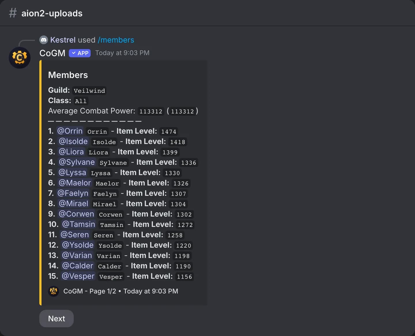 The /members list for an Aion 2 legion in Discord, ranked by Item Level, with the legion's average Combat Power.