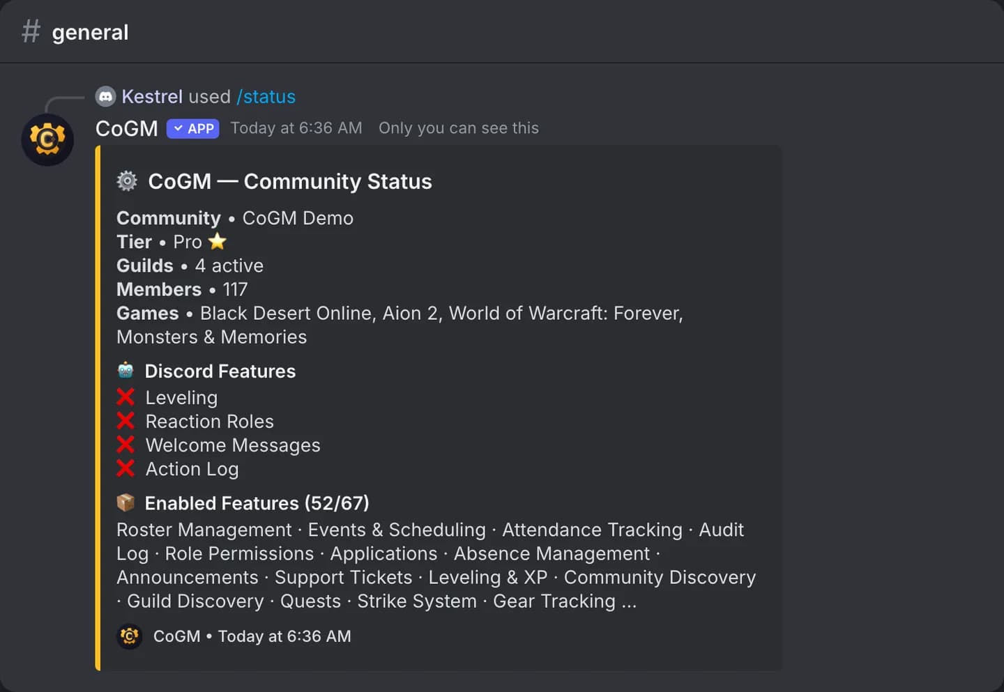 The /status reply with the community's plan, its guilds and the features turned on.