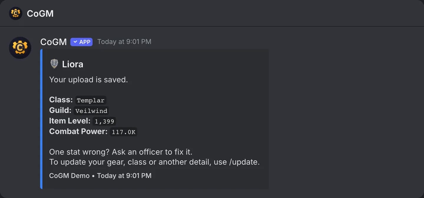 The direct message the bot sends after an Aion 2 upload, with the class, legion, Item Level and Combat Power it saved.