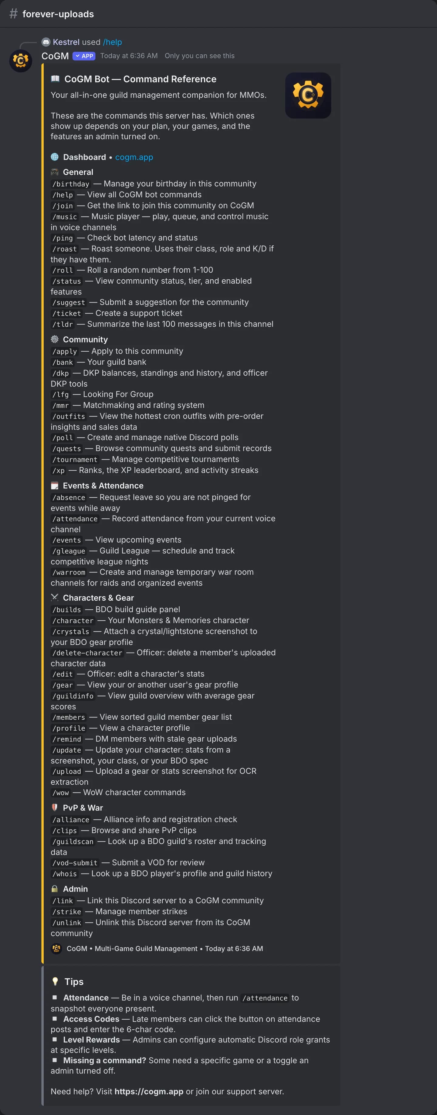 The /help command reference in a WoW Forever guild's channel, with the commands grouped by job and a tips section.