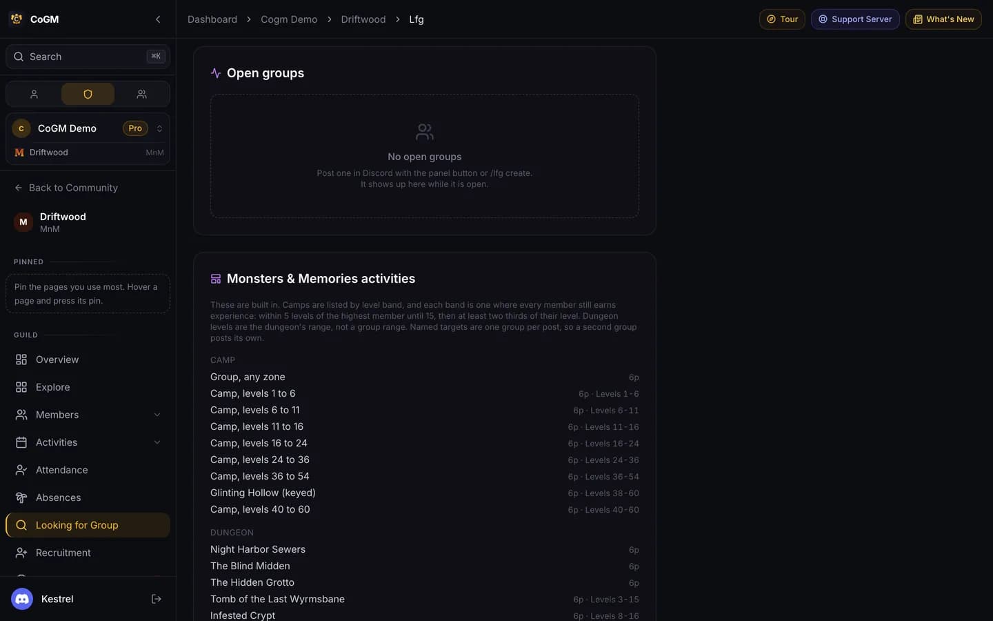 Open and filled Monsters & Memories groups on the Looking for Group page.