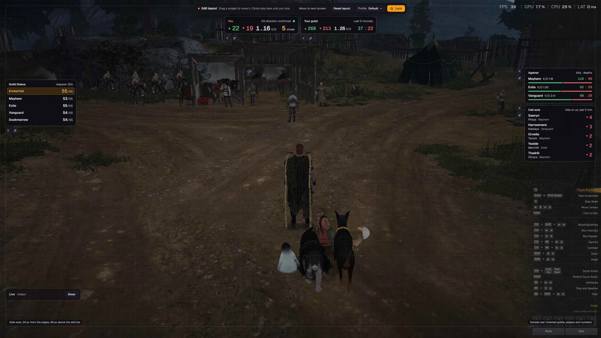 The logger's in-game overlay over Black Desert in Edit layout: You, Your guild, Guild Status, Against and Call outs panels around the character
