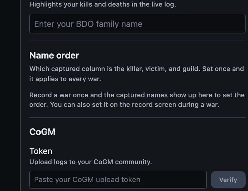 The logger's Settings screen, with the CoGM token field at the bottom